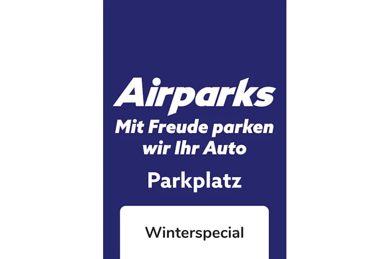Wortmarke Airparks mit Slogan Mit Freude parken wir Ihr Auto und Zusatz Parkplatz Winterspecial.